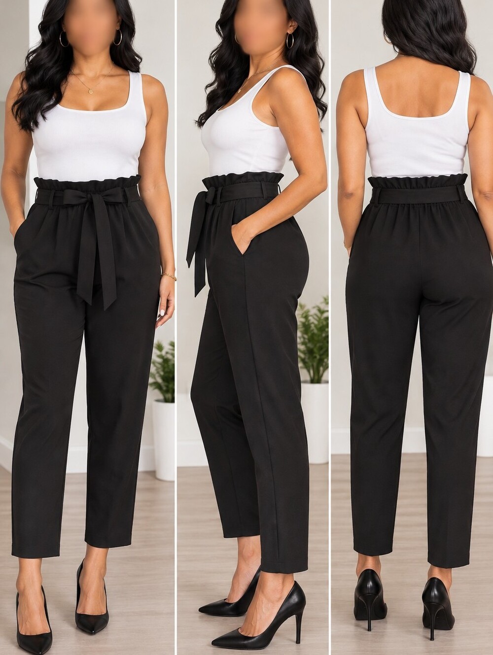 Grace Karin Black Paperbag Waist Tie Belt Tapered Pants Women’s 3XL NWT